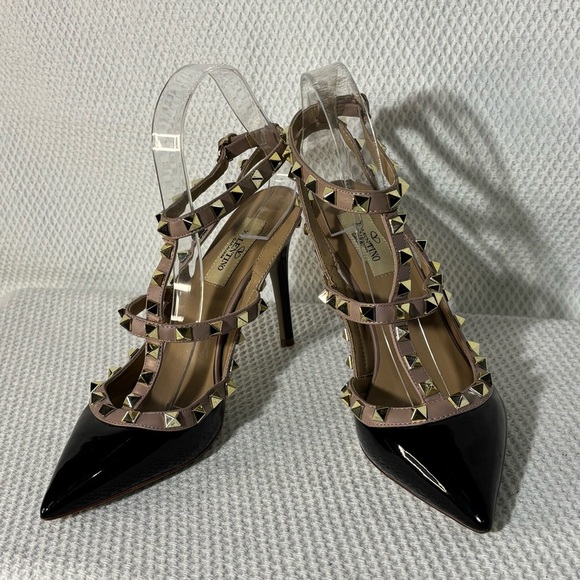 Valentino Garavani Shoes - Valentino Garavani Sz 38 Black and Tan Studded Heels Slinbacks Pointy Toe